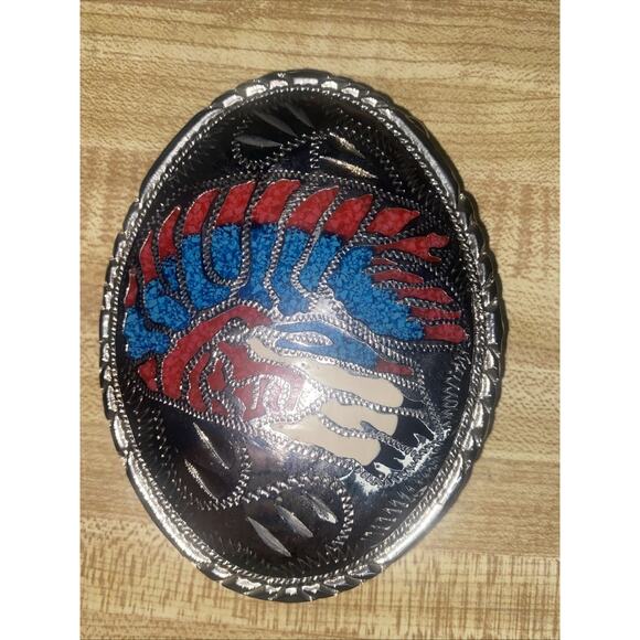 1988 Native American War Bonnet Belt Buckle Inlaid Turquoise Coral Sunset Trails - Picture 2 of 6